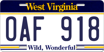 WV license plate OAF918