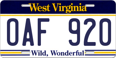 WV license plate OAF920