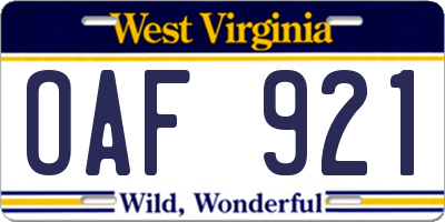 WV license plate OAF921