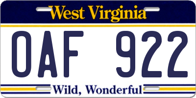 WV license plate OAF922