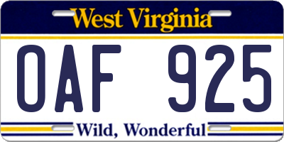 WV license plate OAF925