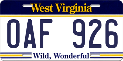 WV license plate OAF926