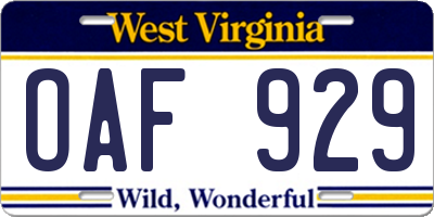 WV license plate OAF929