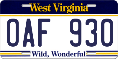 WV license plate OAF930