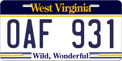 WV license plate OAF931