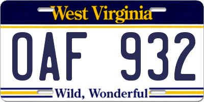 WV license plate OAF932