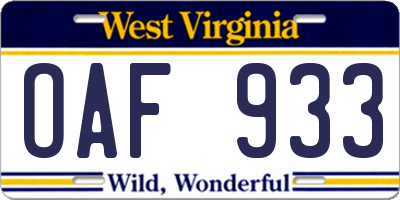 WV license plate OAF933