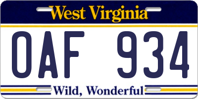 WV license plate OAF934