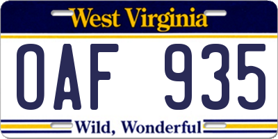WV license plate OAF935