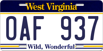 WV license plate OAF937