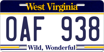 WV license plate OAF938