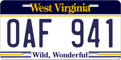 WV license plate OAF941