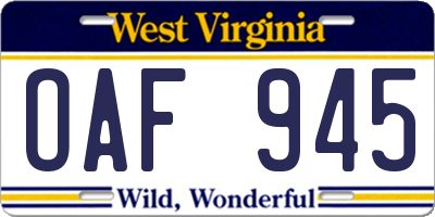 WV license plate OAF945
