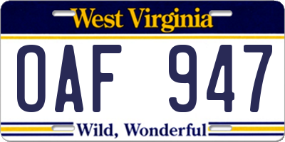 WV license plate OAF947