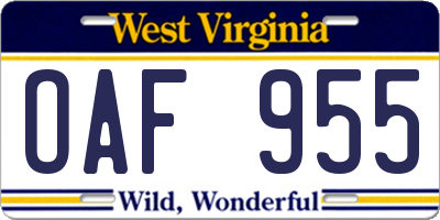 WV license plate OAF955