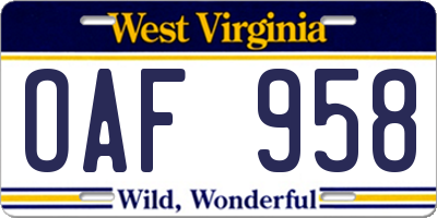 WV license plate OAF958