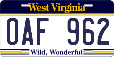 WV license plate OAF962