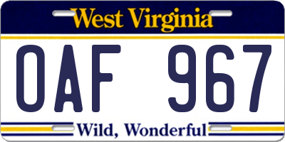 WV license plate OAF967