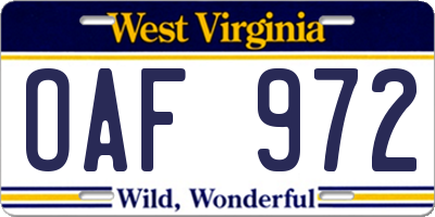 WV license plate OAF972