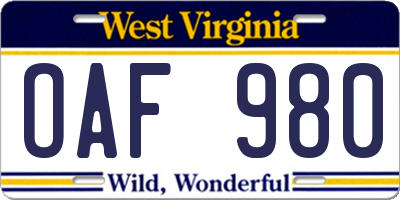 WV license plate OAF980