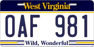 WV license plate OAF981