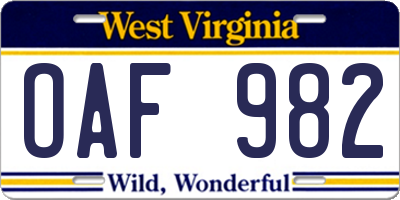 WV license plate OAF982