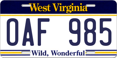 WV license plate OAF985