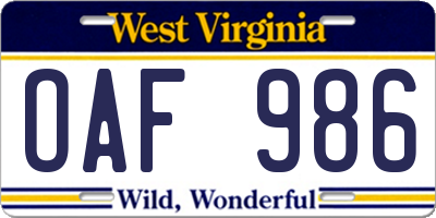 WV license plate OAF986