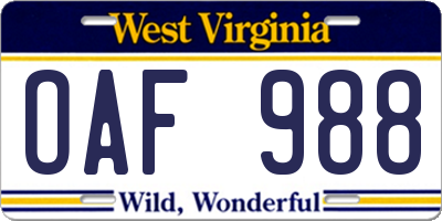 WV license plate OAF988