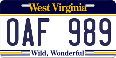 WV license plate OAF989