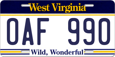 WV license plate OAF990