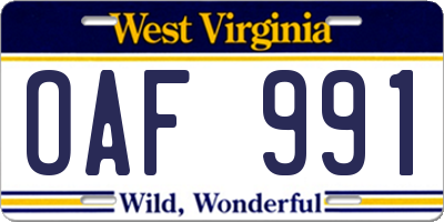 WV license plate OAF991