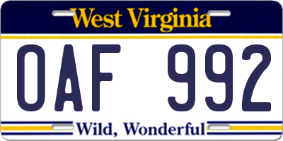 WV license plate OAF992