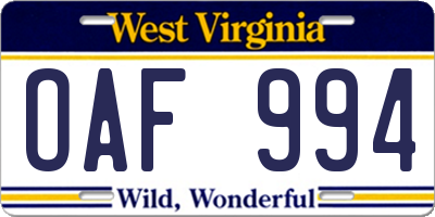 WV license plate OAF994