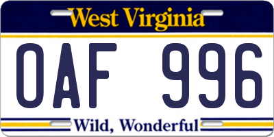 WV license plate OAF996