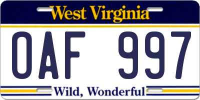WV license plate OAF997
