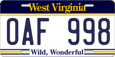 WV license plate OAF998