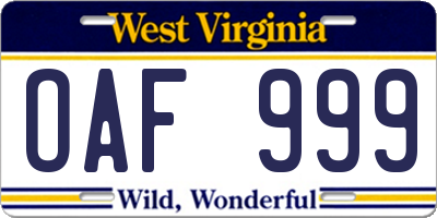 WV license plate OAF999