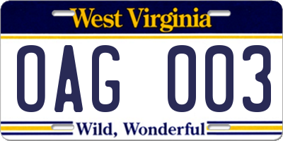 WV license plate OAG003