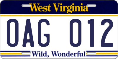 WV license plate OAG012