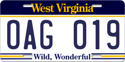 WV license plate OAG019