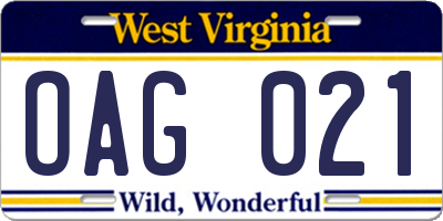 WV license plate OAG021