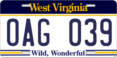 WV license plate OAG039