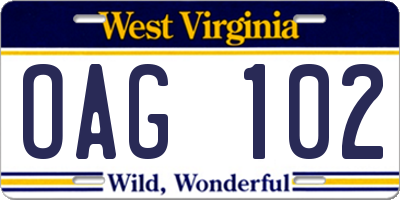 WV license plate OAG102