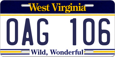 WV license plate OAG106