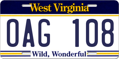 WV license plate OAG108