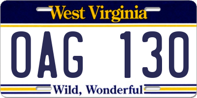 WV license plate OAG130