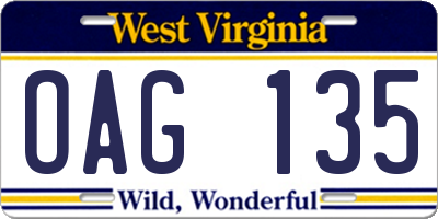 WV license plate OAG135