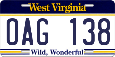 WV license plate OAG138
