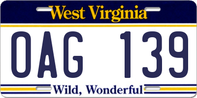 WV license plate OAG139